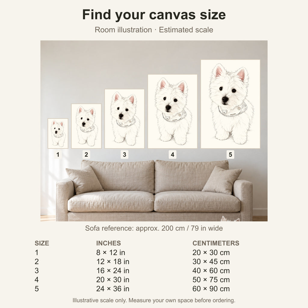 Custom Minimal Line Art Pet Portrait Canvas — five canvas sizes with estimated sofa scale