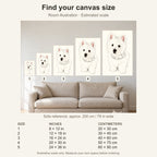 Custom Minimal Line Art Pet Portrait Canvas — five canvas sizes with estimated sofa scale