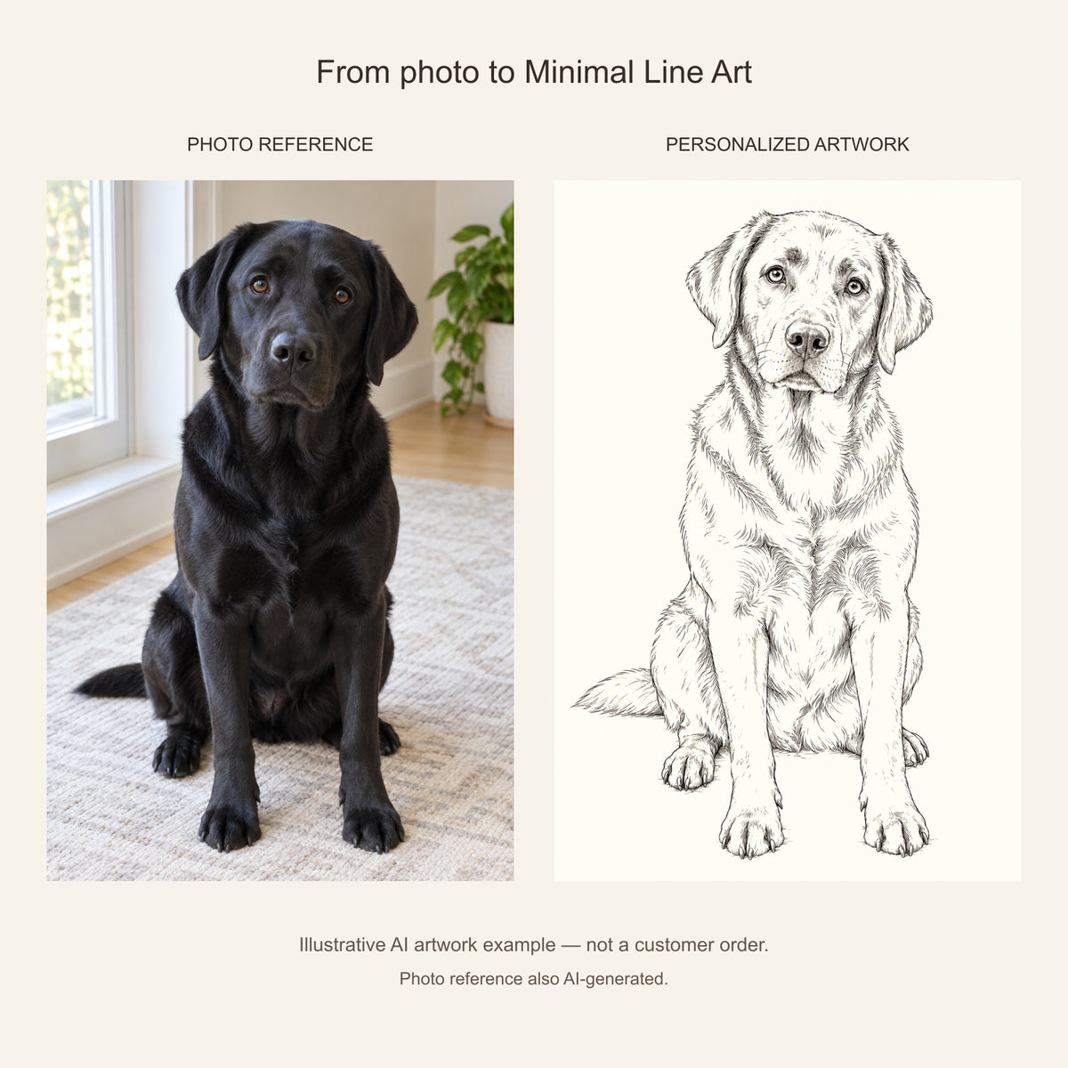 Custom Minimal Line Art Pet Portrait Canvas — black Labrador AI photo reference and AI artwork example; not a customer order