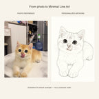 Custom Minimal Line Art Pet Portrait Canvas — cat photo reference and AI artwork example; not a customer order