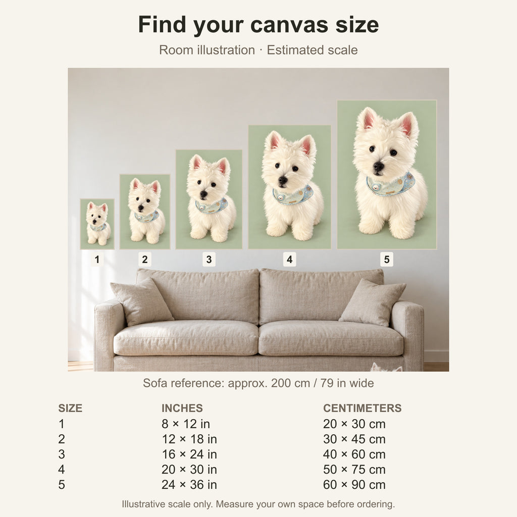 Custom Modern Illustration Pet Portrait Canvas — five canvas sizes with estimated sofa scale