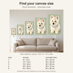Custom Modern Illustration Pet Portrait Canvas — five canvas sizes with estimated sofa scale