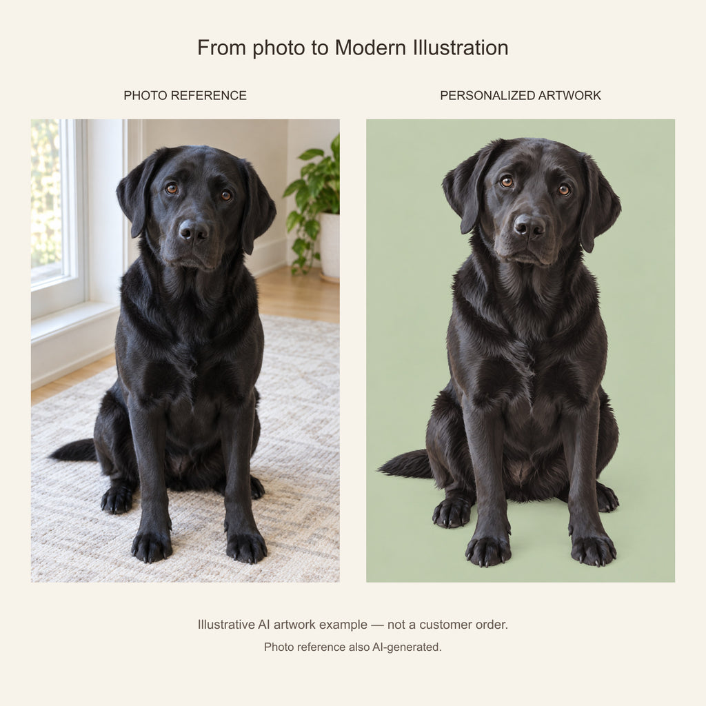 Custom Modern Illustration Pet Portrait Canvas — black Labrador AI photo reference and AI artwork example; not a customer order