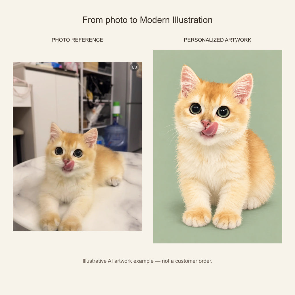 Custom Modern Illustration Pet Portrait Canvas — cat photo reference and AI artwork example; not a customer order
