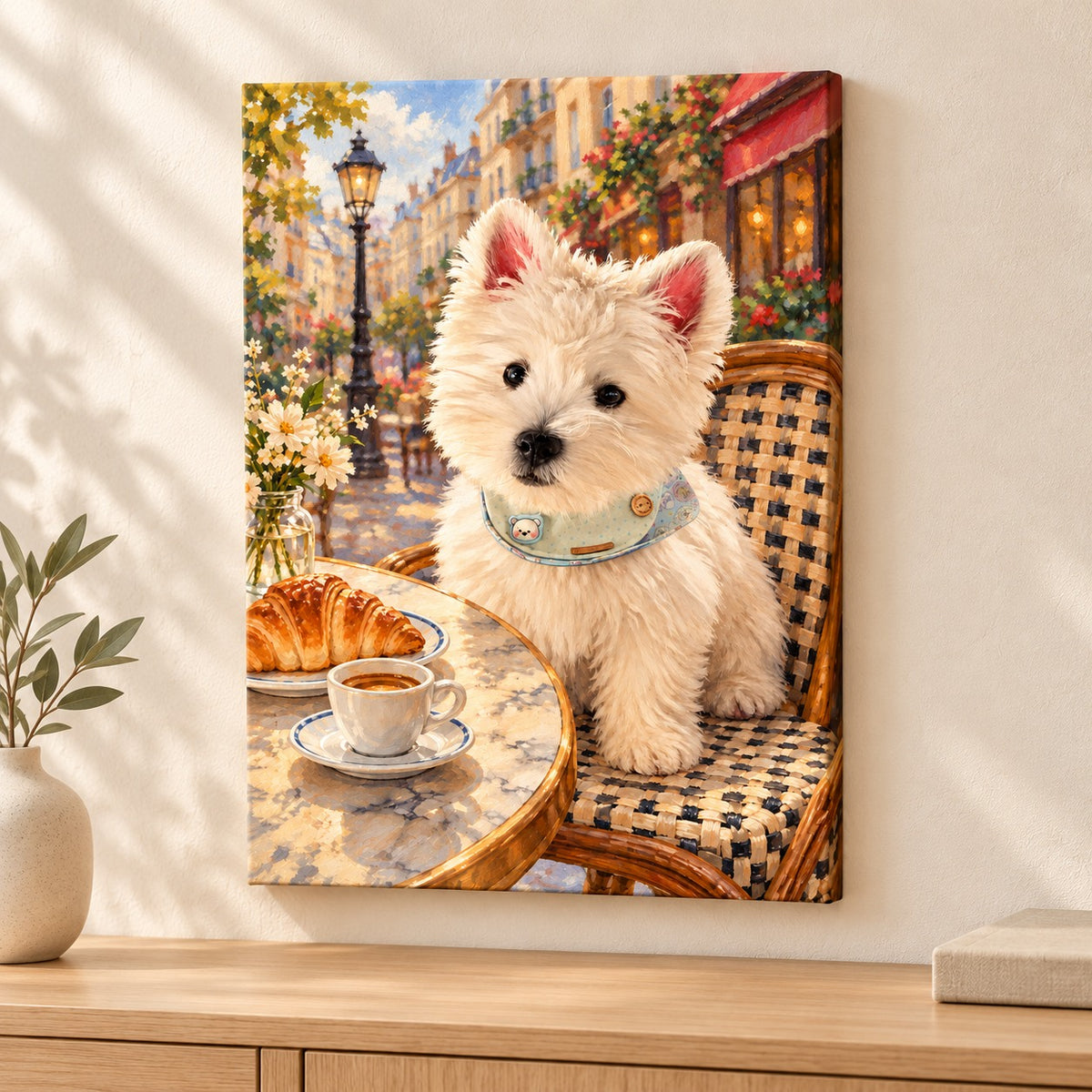 Custom Paris Cafe Pet Portrait Canvas — illustrative stretched canvas mockup, no decorative outer frame