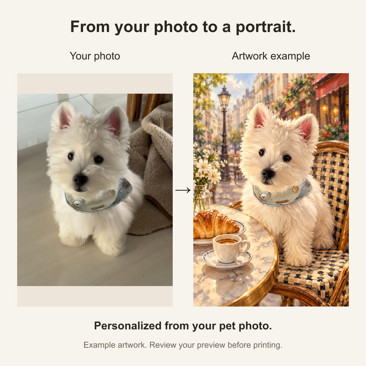 Custom Paris Cafe Pet Portrait Canvas — original photo and artwork comparison