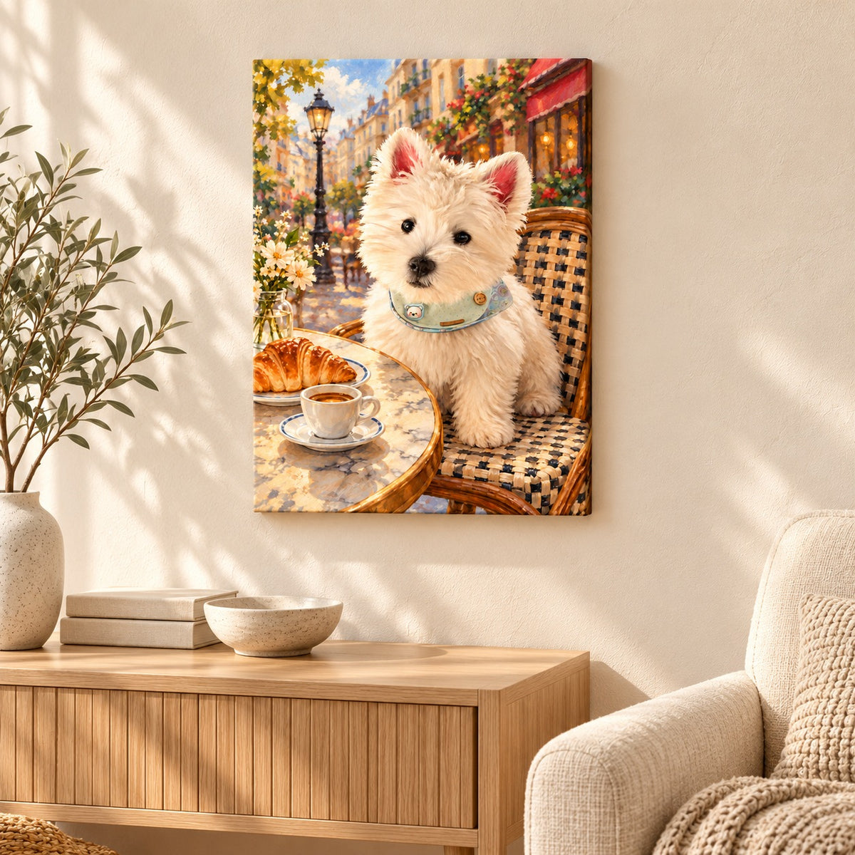 Custom Paris Cafe Pet Portrait Canvas — illustrative room setting