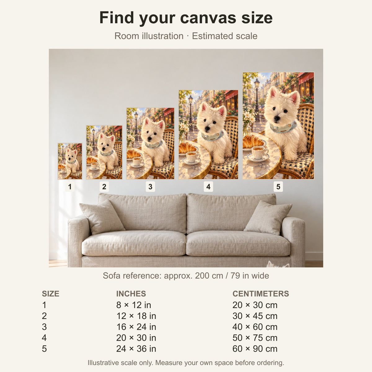 Custom Paris Cafe Pet Portrait Canvas — five canvas sizes with estimated sofa scale