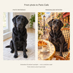 Custom Paris Cafe Pet Portrait Canvas — black Labrador AI photo reference and AI artwork example; not a customer order