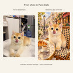 Custom Paris Cafe Pet Portrait Canvas — cat photo reference and AI artwork example; not a customer order