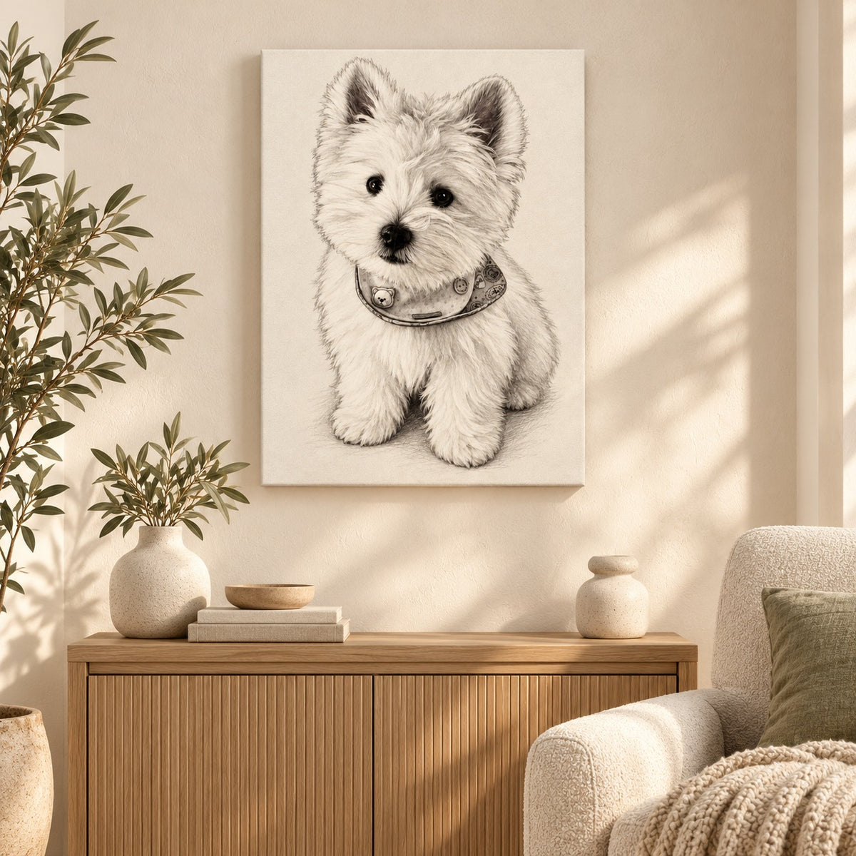 Custom Pencil Sketch Pet Portrait Canvas — illustrative room setting