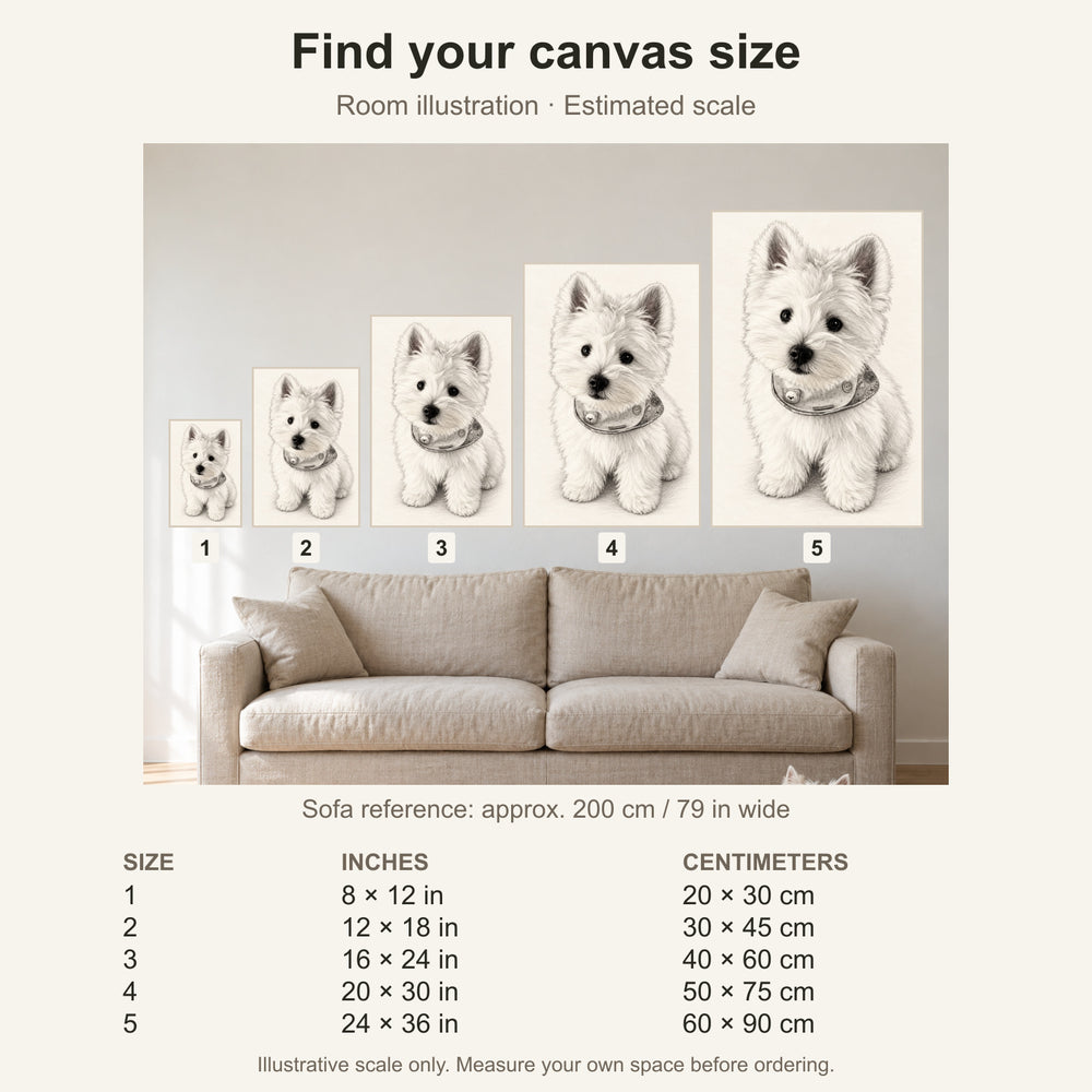 Canvas size guide with estimated sofa scale