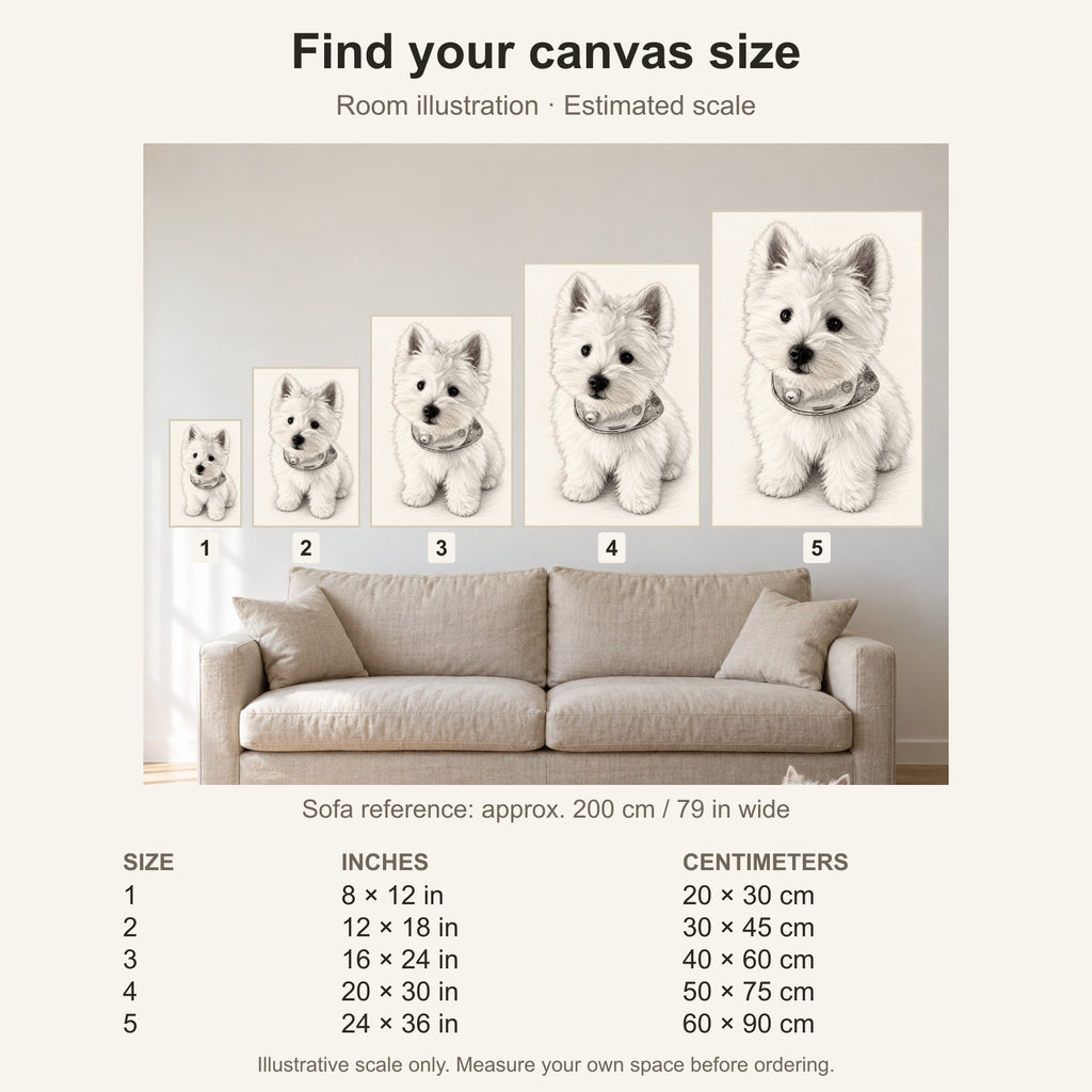 Custom Pencil Sketch Pet Portrait Canvas — five canvas sizes with estimated sofa scale
