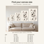 Custom Pencil Sketch Pet Portrait Canvas — five canvas sizes with estimated sofa scale