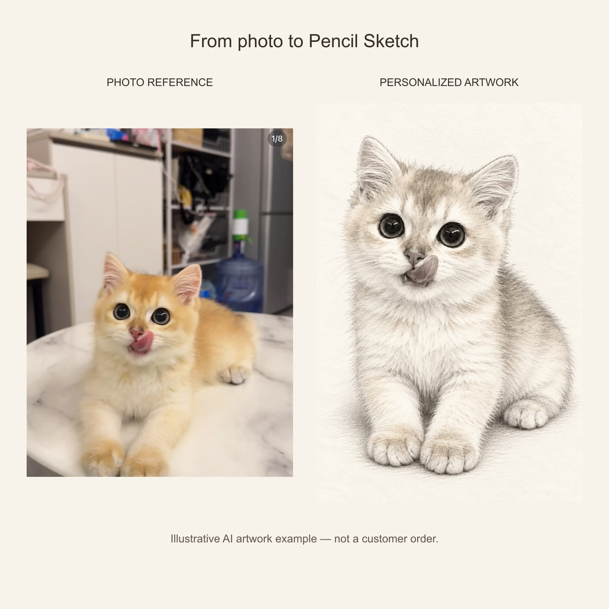 Custom Pencil Sketch Pet Portrait Canvas — cat photo reference and AI artwork example; not a customer order