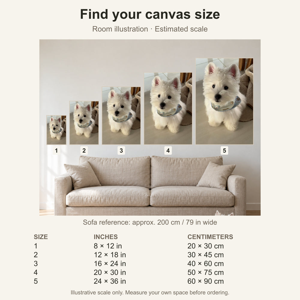 Canvas size guide with estimated sofa scale
