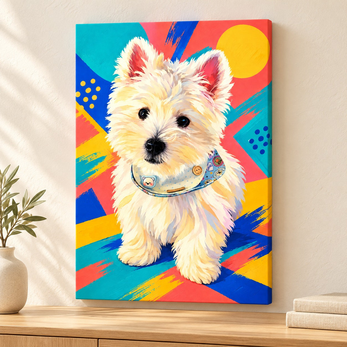Custom Pop Art Pet Portrait Canvas — illustrative stretched canvas mockup, no decorative outer frame