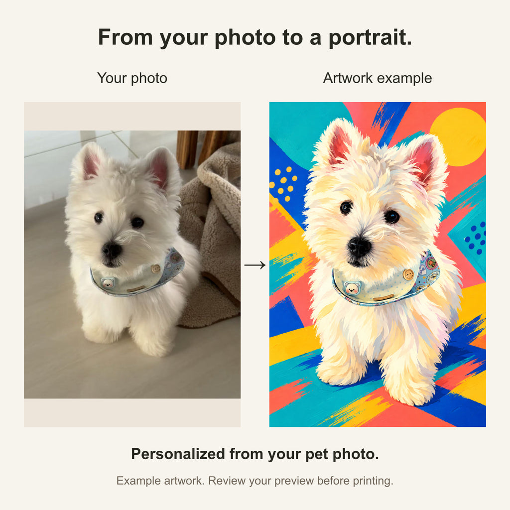 Custom Pop Art Pet Portrait Canvas — original photo and artwork comparison
