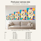 Custom Pop Art Pet Portrait Canvas — five canvas sizes with estimated sofa scale