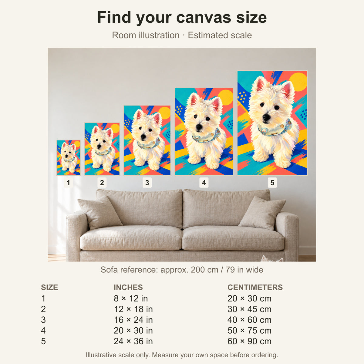 Custom Pop Art Pet Portrait Canvas — five canvas sizes with estimated sofa scale