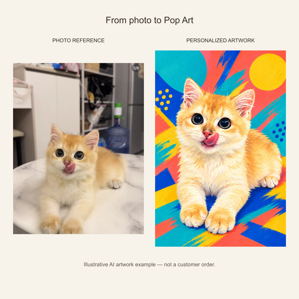 Custom Pop Art Pet Portrait Canvas — cat photo reference and AI artwork example; not a customer order