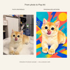 Custom Pop Art Pet Portrait Canvas — cat photo reference and AI artwork example; not a customer order