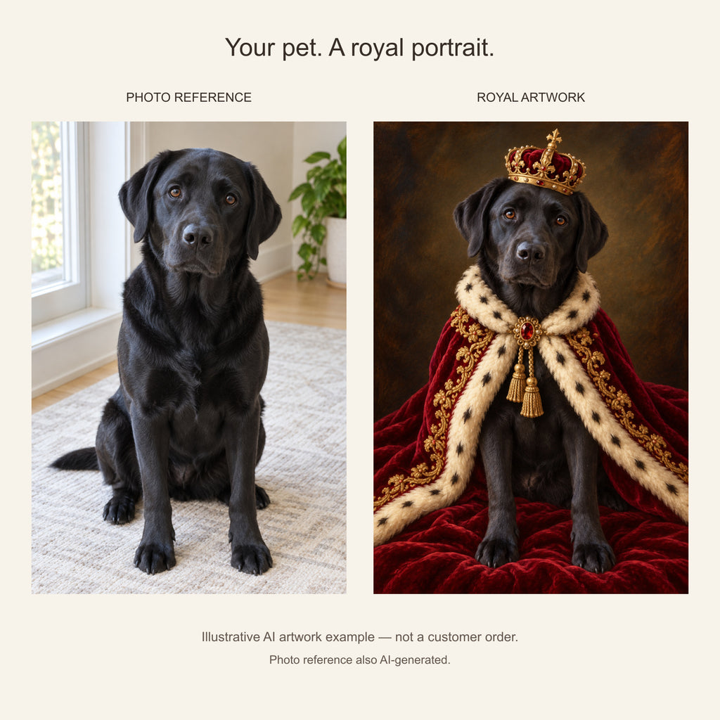 Royal black Labrador portrait — AI photo reference and AI artwork example; not a customer order