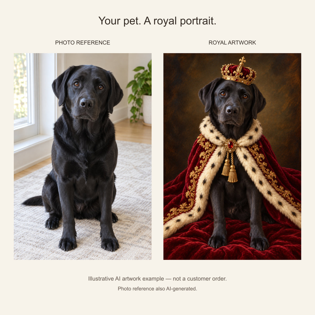 Royal black Labrador portrait — AI photo reference and AI artwork example; not a customer order