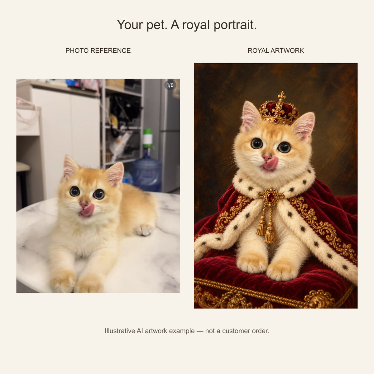 Royal cat portrait — photo reference and AI artwork example; not a customer order