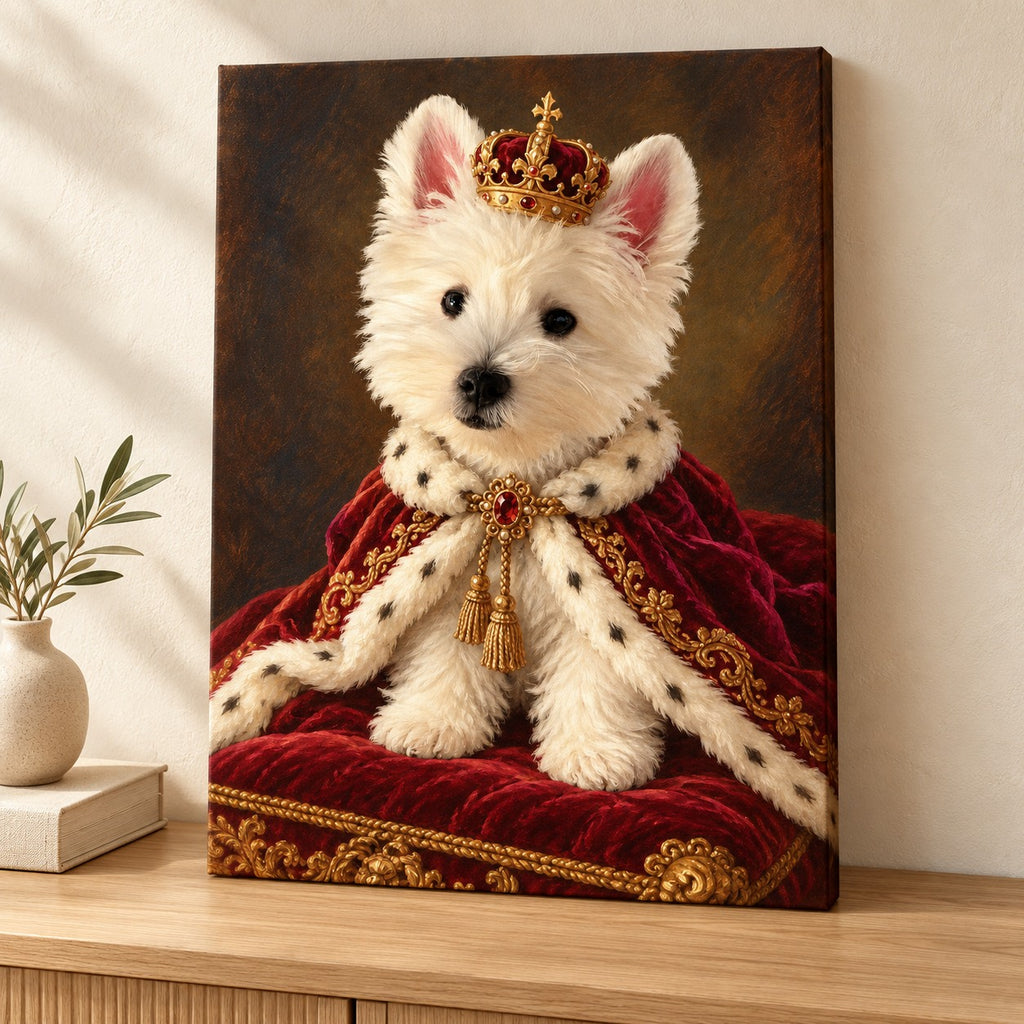 Custom Royal Pet Portrait Canvas — illustrative stretched canvas mockup, no decorative outer frame