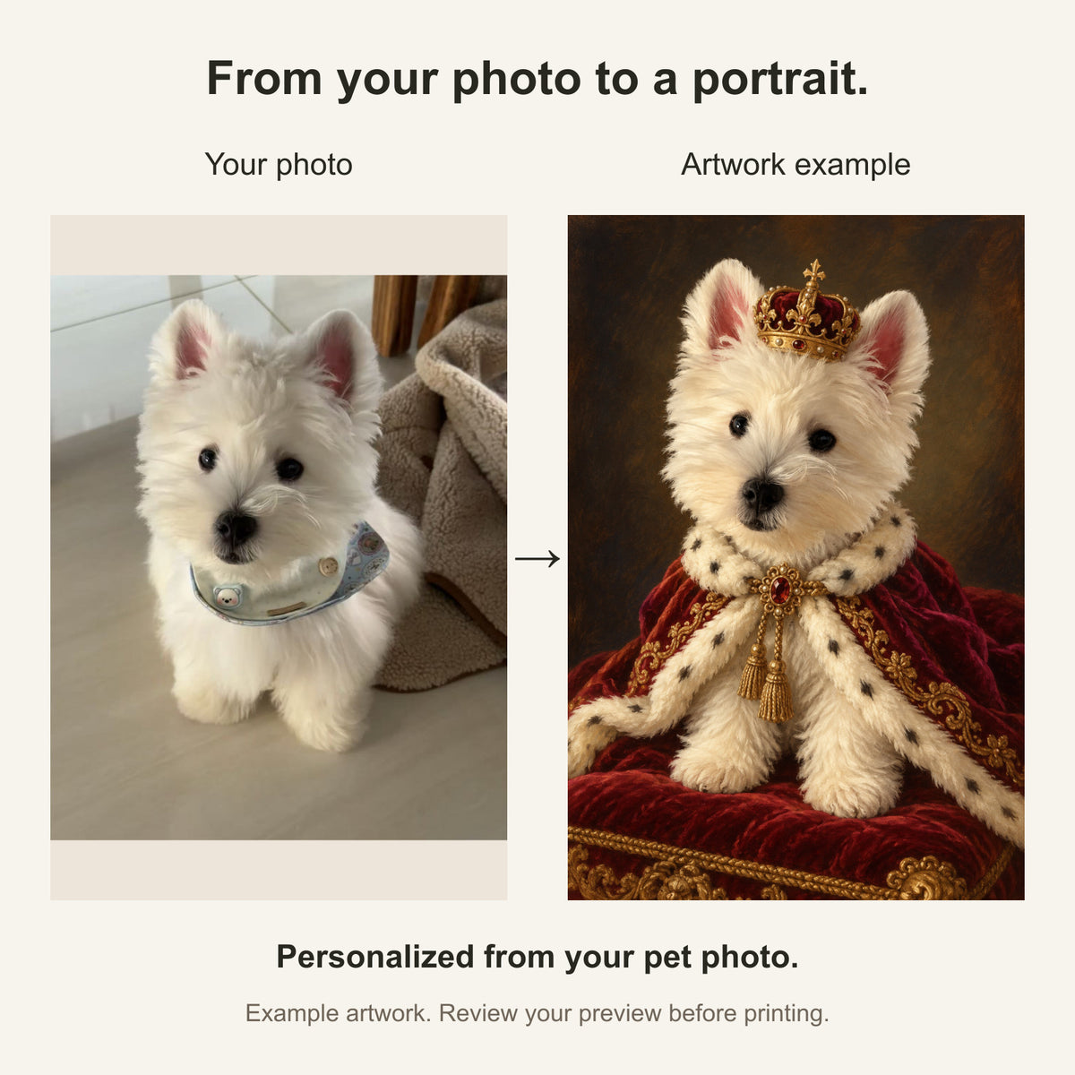 Custom Royal Pet Portrait Canvas — original photo and artwork comparison