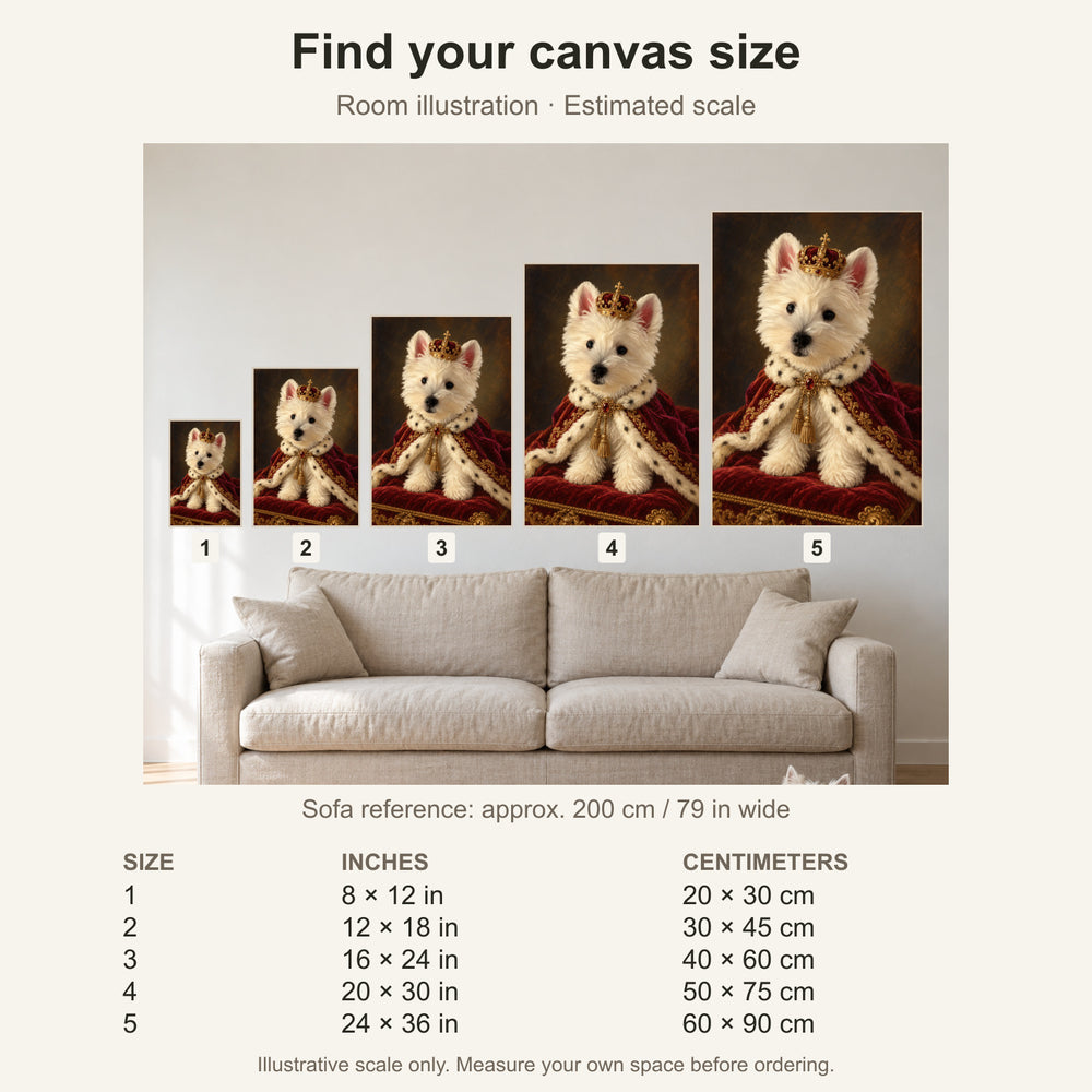 Canvas size guide with estimated sofa scale