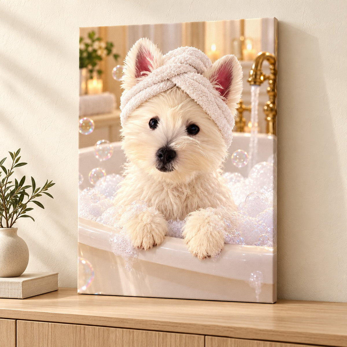 Custom Spa Day Pet Portrait Canvas — illustrative stretched canvas mockup, no decorative outer frame