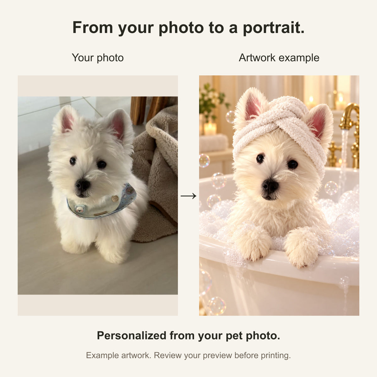 Custom Spa Day Pet Portrait Canvas — original photo and artwork comparison