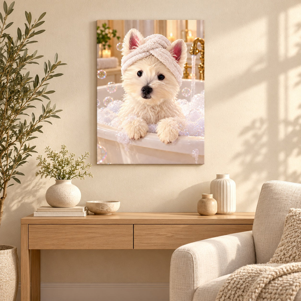 Custom Spa Day Pet Portrait Canvas — illustrative room setting