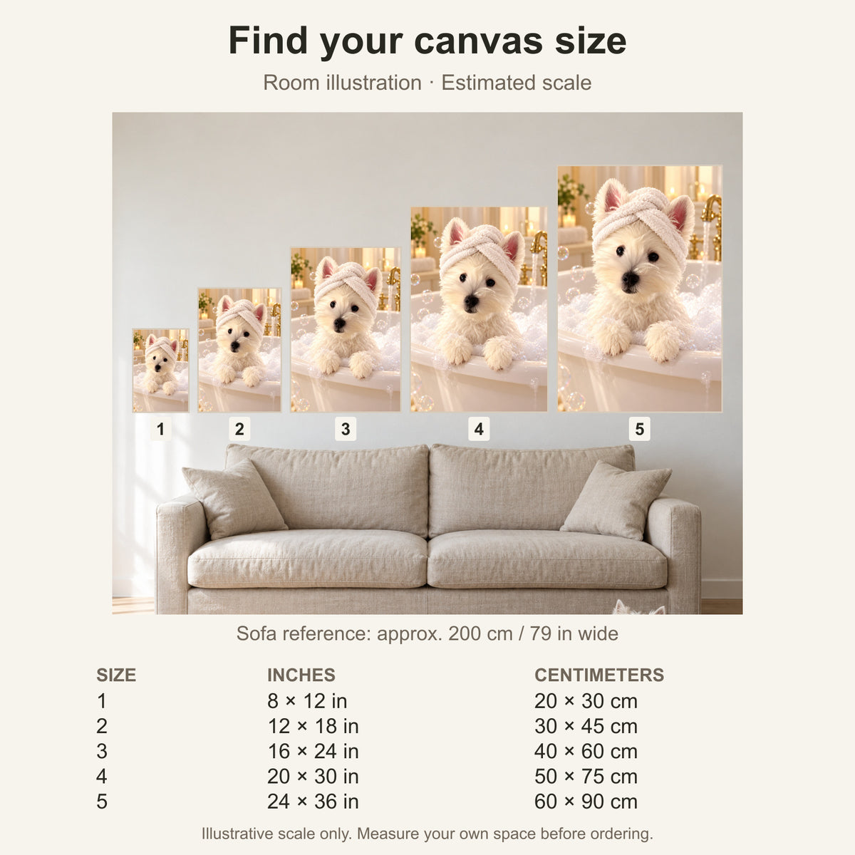 Custom Spa Day Pet Portrait Canvas — five canvas sizes with estimated sofa scale