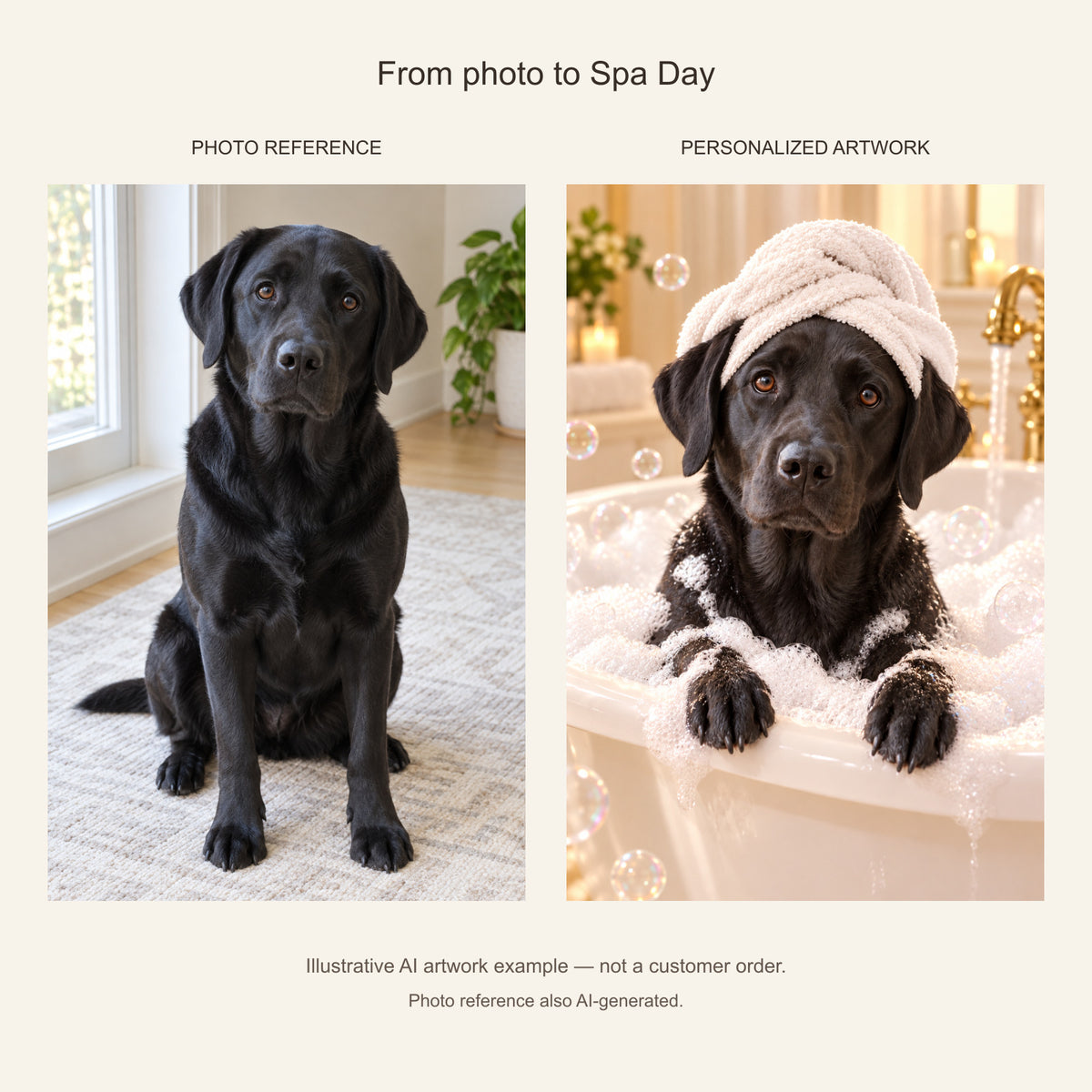 Custom Spa Day Pet Portrait Canvas — black Labrador AI photo reference and AI artwork example; not a customer order