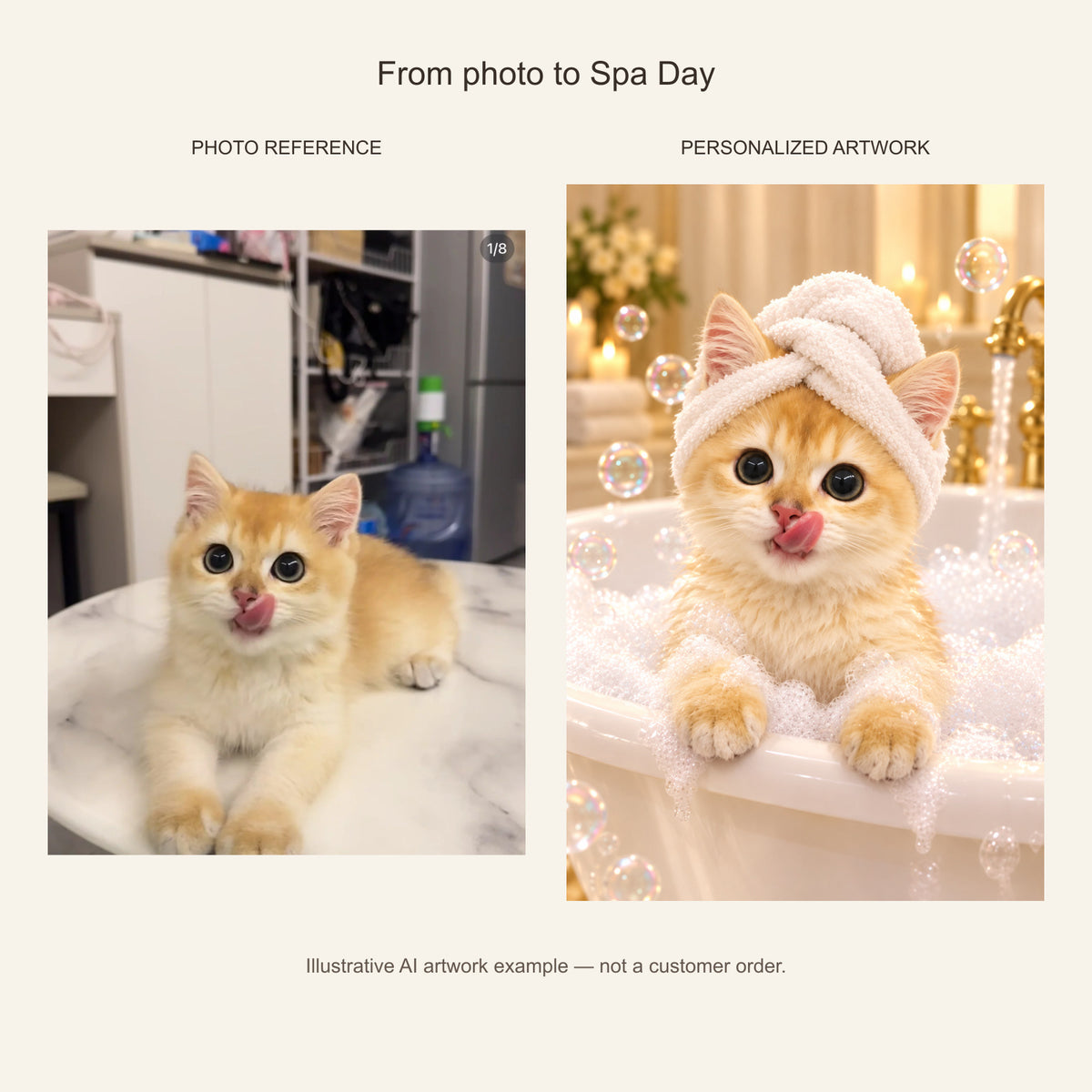 Custom Spa Day Pet Portrait Canvas — cat photo reference and AI artwork example; not a customer order