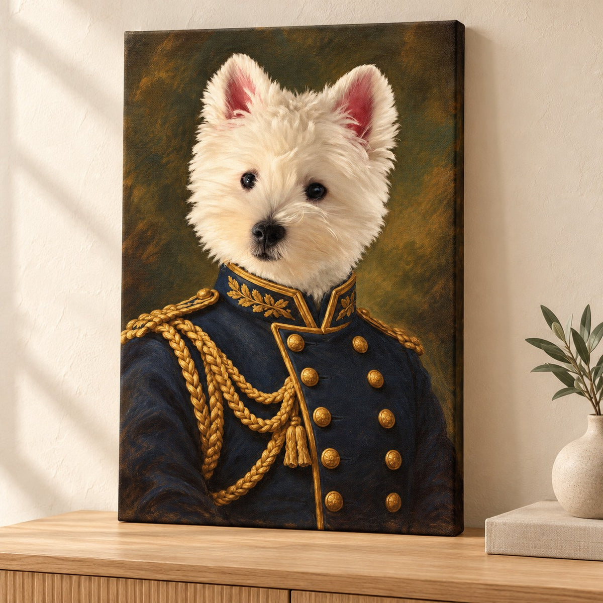 Custom Vintage Officer Pet Portrait Canvas — illustrative stretched canvas mockup, no decorative outer frame
