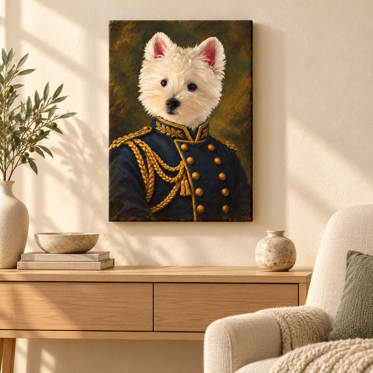 Custom Vintage Officer Pet Portrait Canvas — illustrative room setting