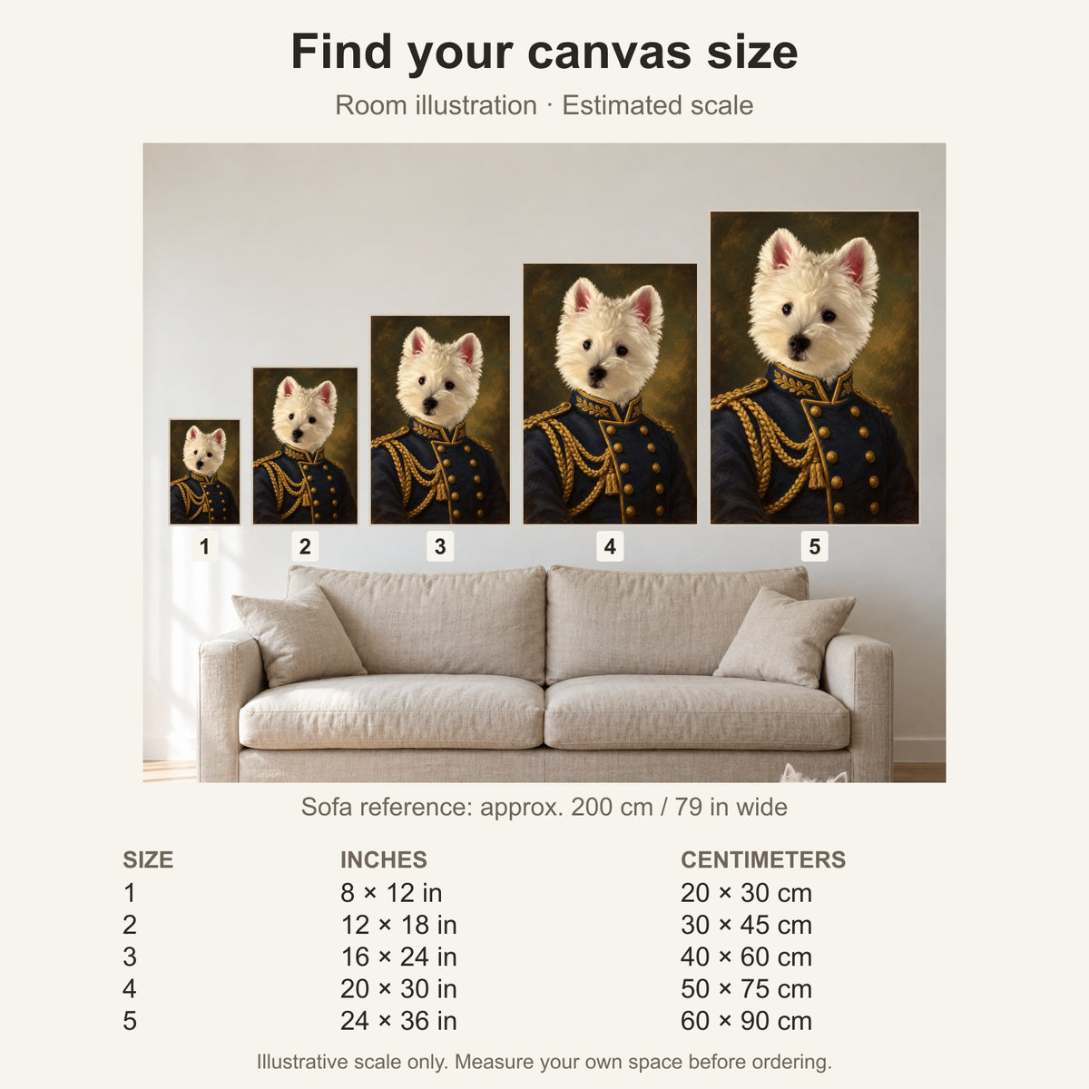 Custom Vintage Officer Pet Portrait Canvas — five canvas sizes with estimated sofa scale
