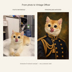 Custom Vintage Officer Pet Portrait Canvas — cat photo reference and AI artwork example; not a customer order