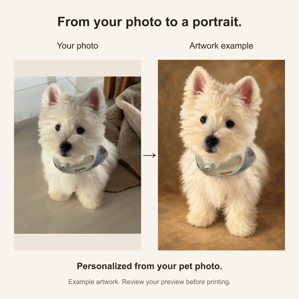 Custom Vintage Oil Pet Portrait Canvas — original photo and artwork comparison