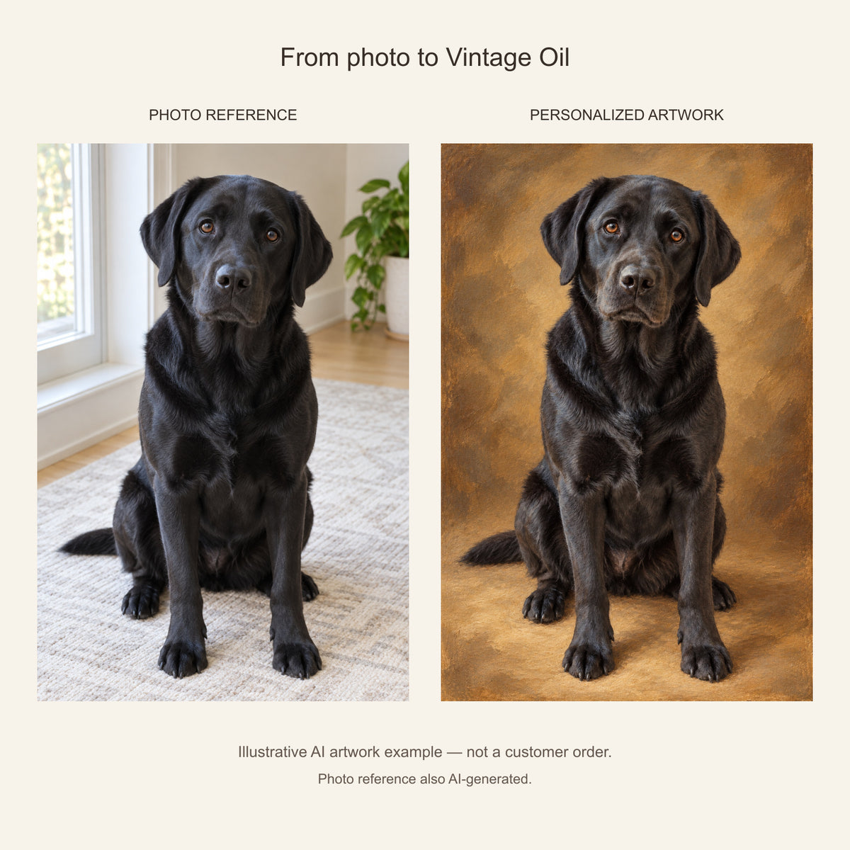 Custom Vintage Oil Pet Portrait Canvas — black Labrador AI photo reference and AI artwork example; not a customer order