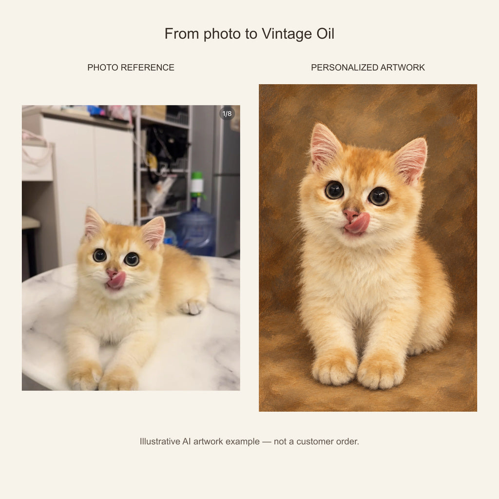 Custom Vintage Oil Pet Portrait Canvas — cat photo reference and AI artwork example; not a customer order