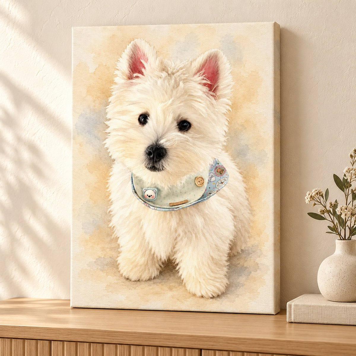 Custom Watercolor Pet Portrait Canvas — illustrative stretched canvas mockup, no decorative outer frame