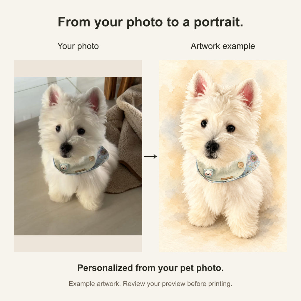 Custom Watercolor Pet Portrait Canvas — original photo and artwork comparison