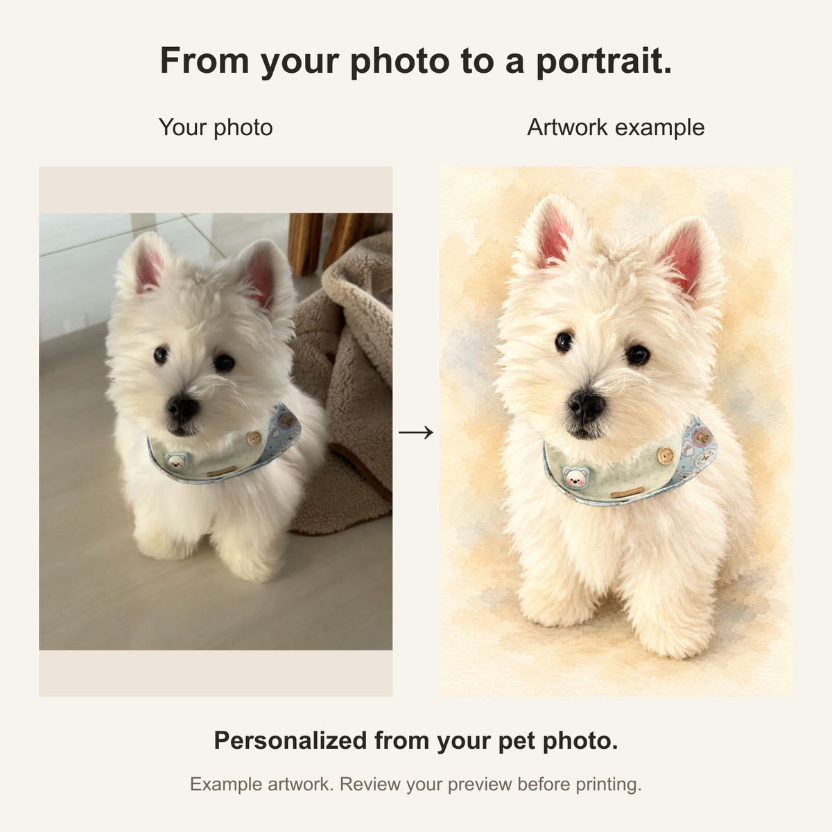 Custom Watercolor Pet Portrait Canvas — original photo and artwork comparison