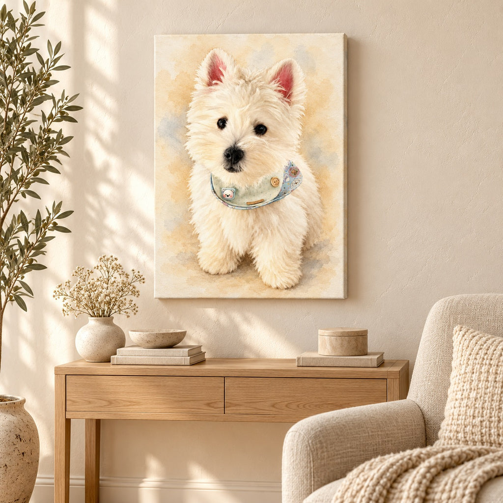 Custom Watercolor Pet Portrait Canvas — illustrative room setting