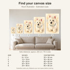 Custom Watercolor Pet Portrait Canvas — five canvas sizes with estimated sofa scale